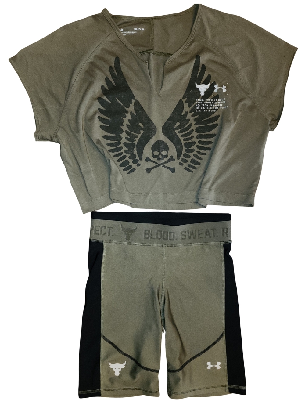 UNDER ARMOUR Project Rock Workout Set Wings Crop Top Bike Shorts Olive Green S
